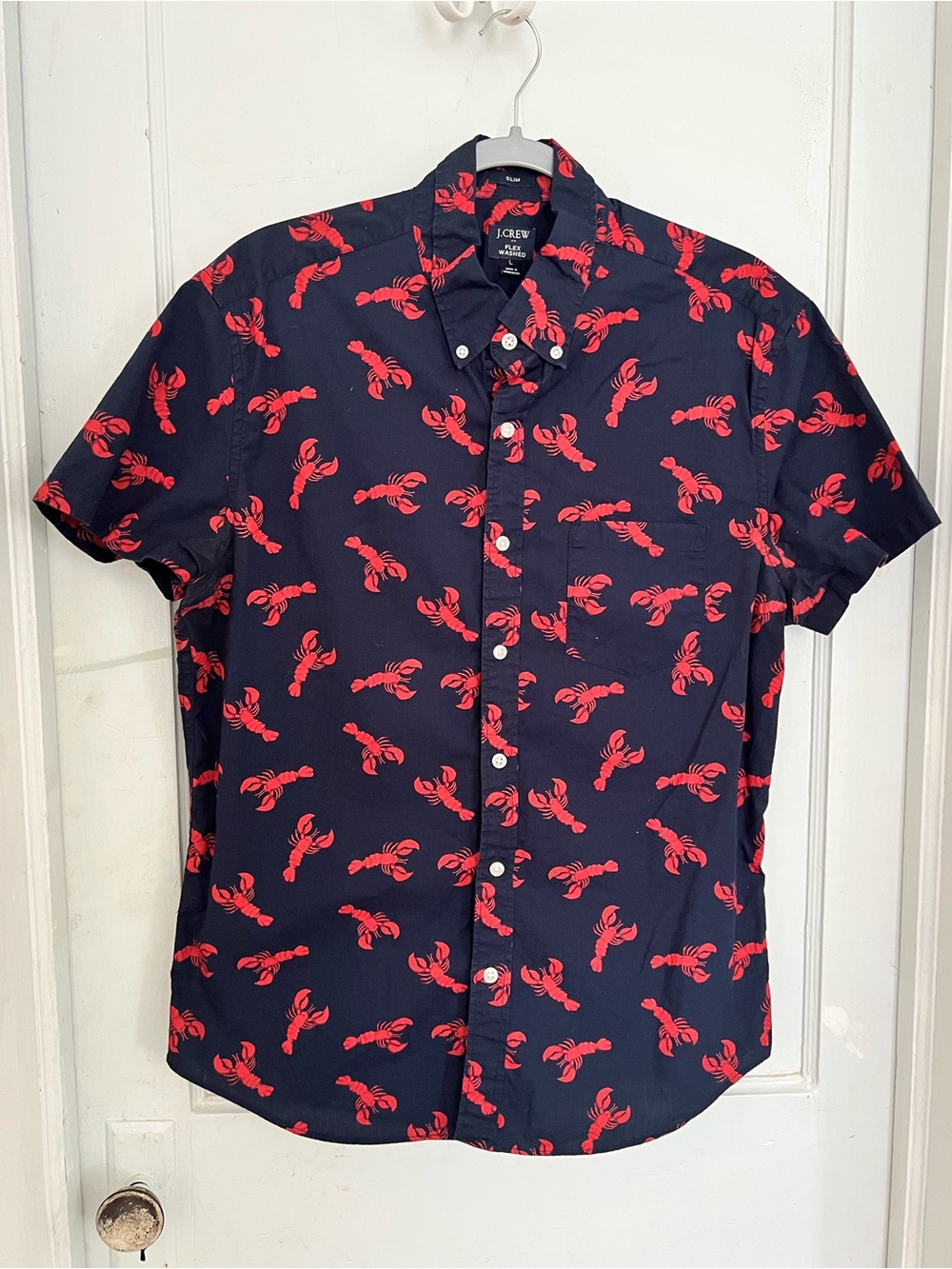 J. Crew Navy Short-Sleeve Button-Down Shirt with Red Lobster Print